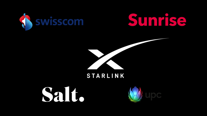 Comparaison entre Starlink et les fournisseurs Internet traditionnels en Suisse (Swisscom, Salt, Sunrise, UPC) illustrée par les logos de chaque opérateur sur fond noir