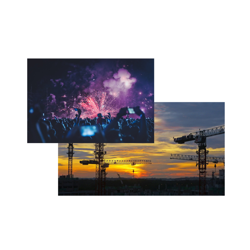 Images combinées d'un festival et de grues de chantier, illustrant la location et l'installation Starlink pour des événements temporaires et des projets de construction.