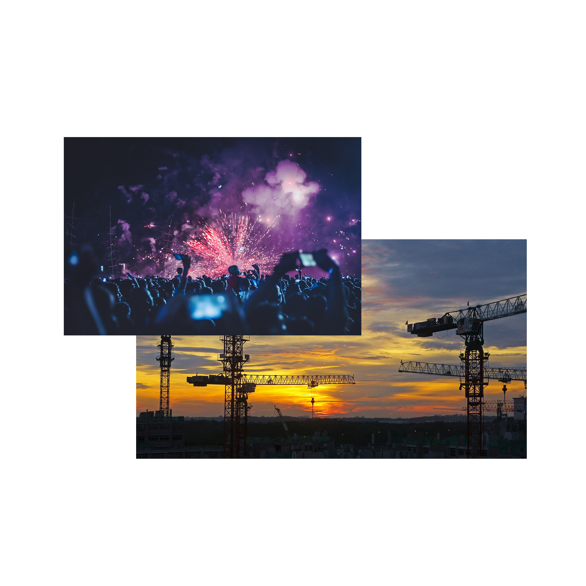 Images combinées d'un festival et de grues de chantier, illustrant la location et l'installation Starlink pour des événements temporaires et des projets de construction.