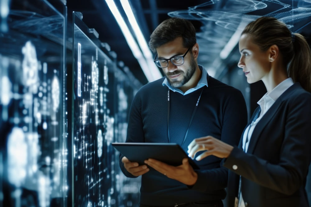 Deux techniciens en maintenance réseau analysant des données sur une tablette, devant des serveurs connectés. Illustration du support technique et de l’optimisation des connexions Starlink.